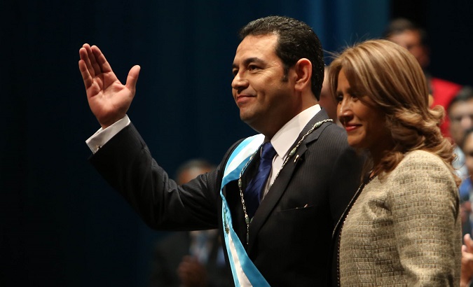 Jimmy Morales after being sworn in as president and his wife Hilda Marroquin in the national theater. Guatemala City, January 14, 2016.