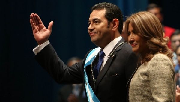 Jimmy Morales after being sworn in as president and his wife Hilda Marroquin in the national theater. Guatemala City, January 14, 2016.