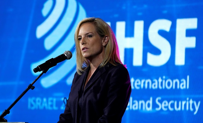 U.S. Secretary of Homeland Security Kirstjen Nielsen speaks during the International Homeland Security Forum conference in Jerusalem, June 12, 2018.
