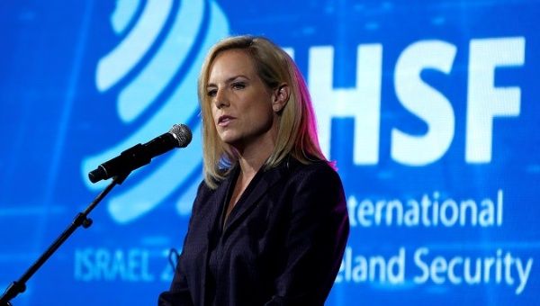 U.S. Secretary of Homeland Security Kirstjen Nielsen speaks during the International Homeland Security Forum conference in Jerusalem, June 12, 2018.