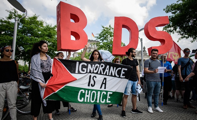 Pro-BDS protest in Germany, where the movement is facing censorship.