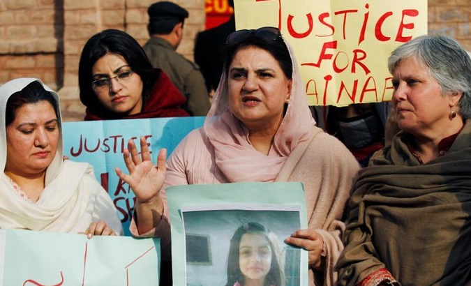 Protesters in Pakistan demonstrate against the murder of seven-year-old Zainab Ansari, raped and killed in January, 2018.