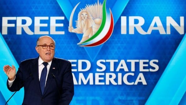 Donald Trump's attorney, Rudy Giuliani, addresses exiled People's Mujahedin of Iran (MEK) supporters in Paris, France, June 30, 2018.
