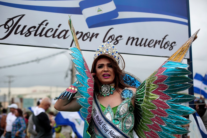 An activist takes part in a march organized by the LGBT community in Managua, Nicaragua, on June 28, 2018.