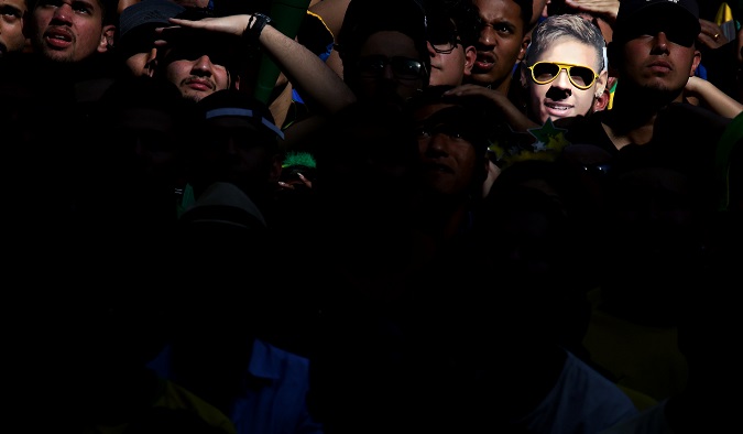 Brazil vs Mexico in Sao Paulo, Brazil - July 2, 2018 - A fan wearing a Neymar mask is seen during the broadcast of the FIFA World Cup soccer match