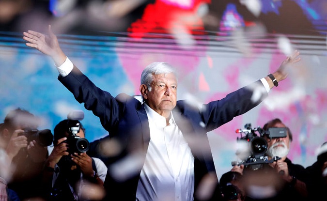 President elect Andres Manuel Lopez Obrador (AMLO) addresses supporters after polls closed in the presidential election, in Mexico City, Mexico July 2, 2018.