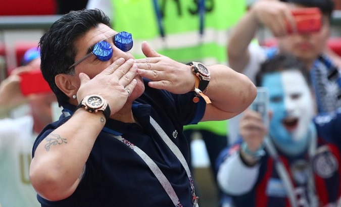 Diego Maradona in the stands before the match between France and Argentina in Kazan, Russia. June 30, 2018.