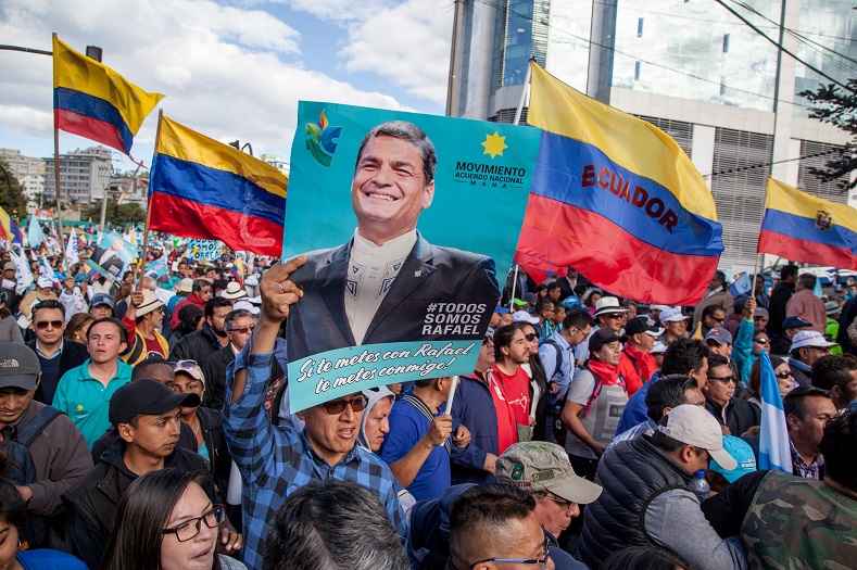 Protesters reject a court order for preventive prison against Correa arguing there is no proof of his involvement in an alleged kidnapping attempt in 2012. 