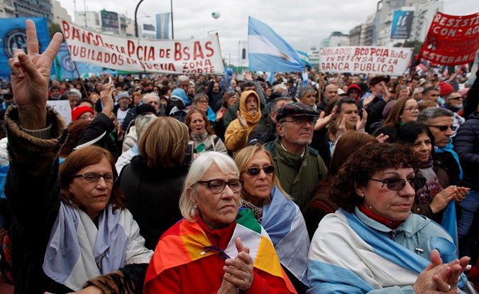 Demonstrators attend a protest against the President Mauricio Macri's government agreement with the International Monetary Fund (IMF) in Buenos Aires, Argentina, July 9, 2018.
