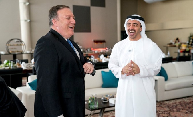 U.S. Secretary of State Mike Pompeo and United Arab Emirates Foreign Minister Sheikh Abdullah bin Zayed Al Nahyan in Abu Dhabi, UAE, July 10, 2018.