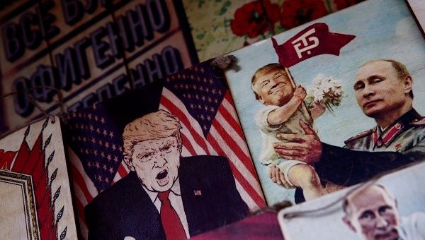 Pictures depicting Russian President Vladimir Putin and U.S. President Donald Trump for sale at Izmailovsky Market in Moscow.