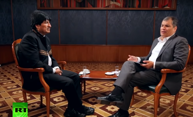 Former Ecuadorean President Rafael Correa (R) interviews Bolivia's President Evo Morales in 'Speaking With Correa.'