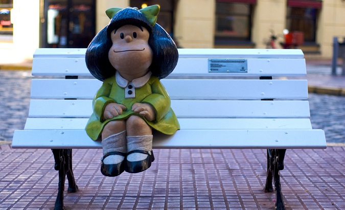 A statue of Mafalda, the famous cartoon character created by Joaquín Lavado 'Quino,' in San Telmo, Buenos Aires.