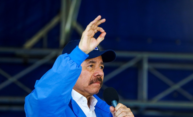 Nicaragua's President Daniel Ortega speaks to supporters during celebrations to mark the 39th anniversary of the 