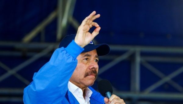Nicaragua's President Daniel Ortega speaks to supporters during celebrations to mark the 39th anniversary of the 