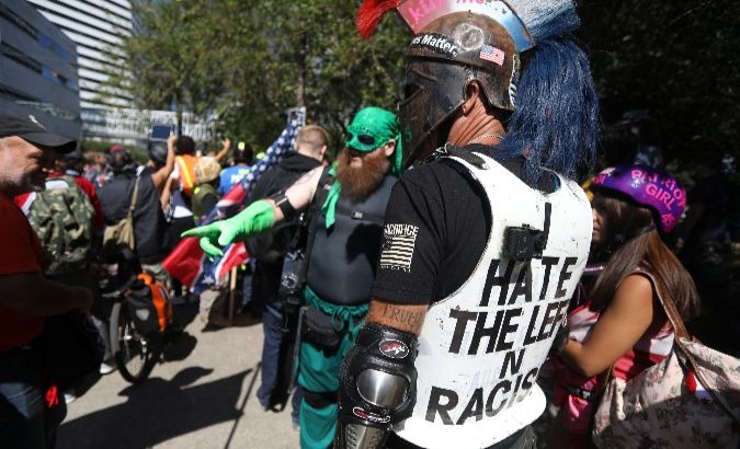 Members of the right-wing Patriot Prayer group gather before a rally in Portland.