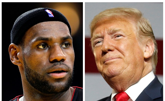 NBA basketball player LeBron James (L) in Oakland, California January 16, 2013 and U.S. President Donald Trump in Lewis Center, Ohio August 4, 2018.