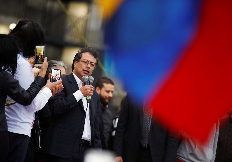 Former presidential candidate and opposition senator Gustavo Petro addressed the crowd Tuesday. He has positioned himself as leader of the opposition.
