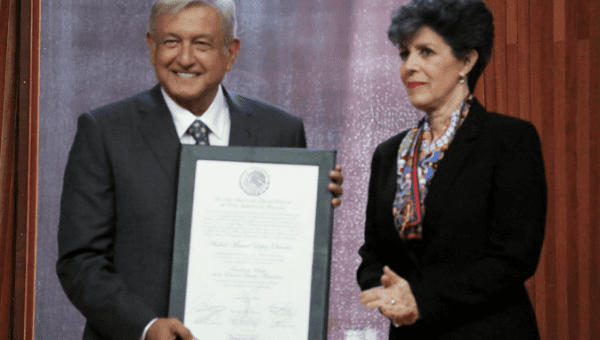 Andres Manuel Lopez Obrador (AMLO) accepts the certificate declaring him president-elect of Mexico, August 8, 2018