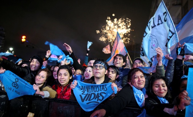 Anti-abortion rights activists celebrate as lawmakers vote against a bill legalizing abortion, in Buenos Aires, Argentina Aug. 9, 2018.