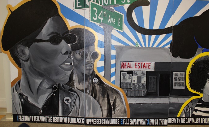 A mural commemorates the story of the Seattle chapter of the Black Panther Party, April 27, 2018.