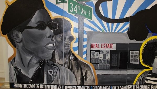 A mural commemorates the story of the Seattle chapter of the Black Panther Party, April 27, 2018. 