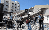 Palestinian musicinas perform on the ruins of Gaza