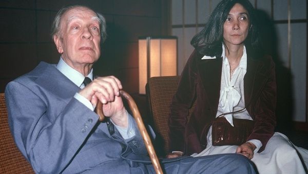 Argentine writer Jorge Luis Borges and his wife, Maria Kodama, during a visit to Japan in 1979.