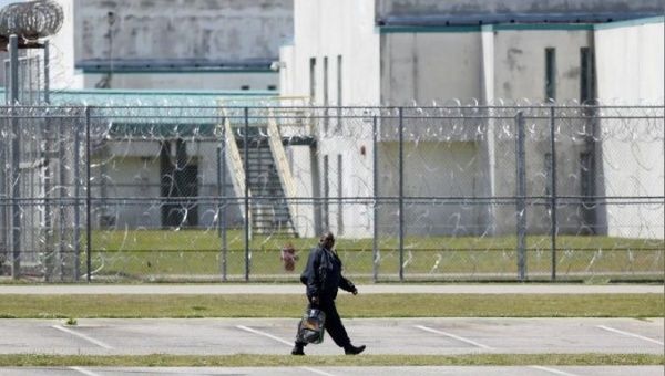 A guard leaves the Lee Correctional Institution in Bishopville, Lee County, South Carolina, U.S.