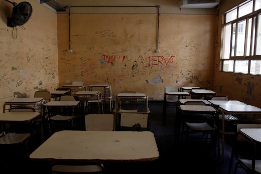 An empty classroom at a public school as thousands of teachers strike and protest, delaying the first day of school. March 07, 2017