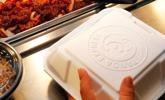 A Styrofoam food container is used for take out food.