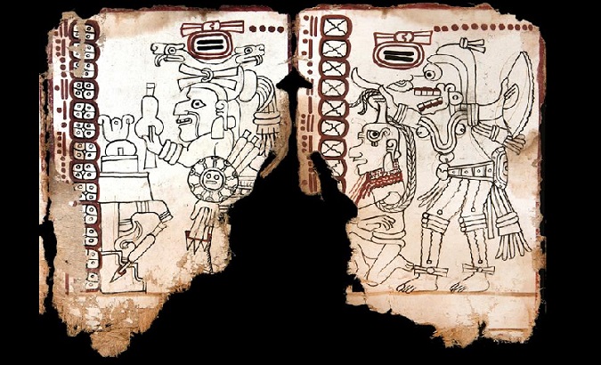 A fragment of the pre-hispanic Mayan Codex of Mexico, previously known as the Grolier Codex.