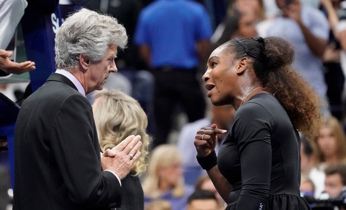 Serena Williams of the USA argues with tournament referee Brian Earley while playing Naomi Osaka of Japan in the women’s final on day thirteen of the 2018 U.S. Open.