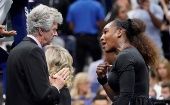 Serena Williams of the USA argues with tournament referee Brian Earley while playing Naomi Osaka of Japan in the women’s final on day thirteen of the 2018 U.S. Open.