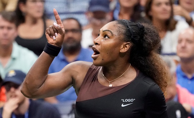 Serena Williams of the USA argues with chair umpire in New York.