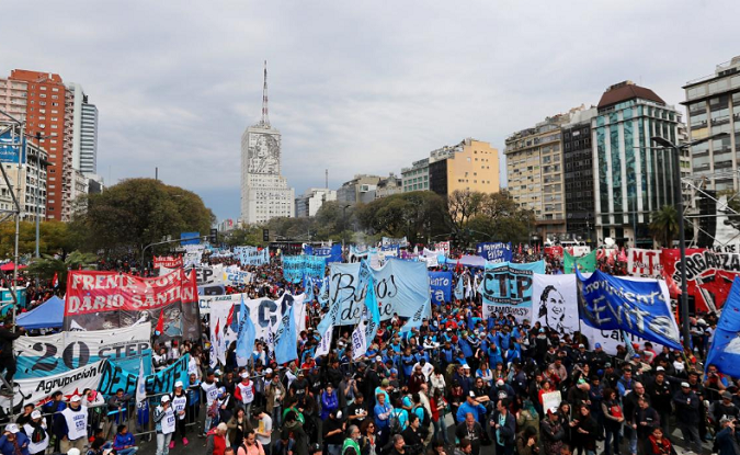 People gather on 9 de Julio avenue to protest against government economic measures in Buenos Aires, September 12, 2018.