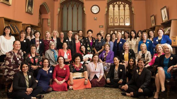40 MPs from all parties gather in the Parliamentary Library at the Beehive in Wellington, including Prime MInister Jacinda Ardern and her baby Neve.