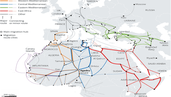 Migration routes from Africa and Middle East.