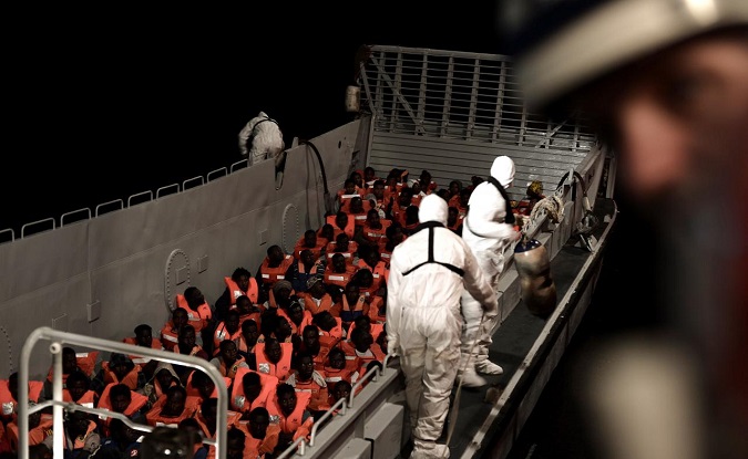 Migrants rescued by the MV Aquarius, a rescue ship run by SOS Mediterranee and Medecins Sans Frontieres in the Mediterranean Sea, Jun. 10, 2018.