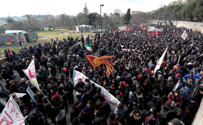 Demonstrators march during an anti-racism rally in Macerata, Italy, February 10, 2018.