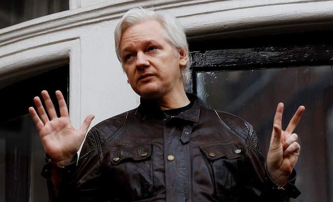 WikiLeaks founder Julian Assange is seen on the balcony of the Ecuadorean Embassy in London.