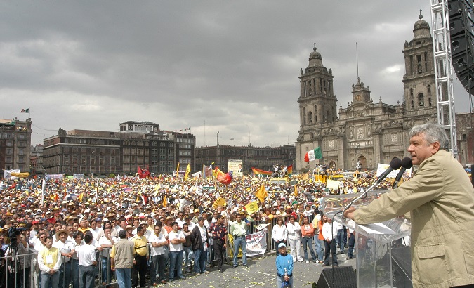 Andres Manuel Lopez Obrador addresses supporters at the Zocalo, Mexico City's main square, during his 2006 presidential campaign.