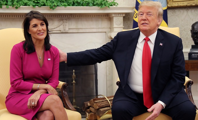 Nikki Haley and Donald Trump at the joint press conference in the Oval Office