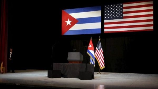 The stage is set with Cuban and U.S. flags before President Obama addresses Cubans from the stage in Havana Mar. 22, 2016. 