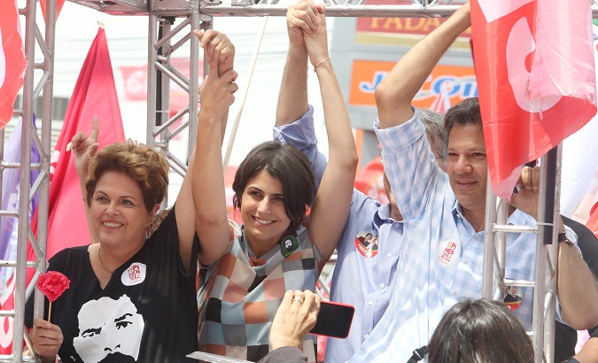 (L-R): Dilma Rousseff; presidential candidate Manuela D’Avila; presidential candidate Fernando Haddad.