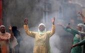 Women shout slogans during a protest following restrictions after the government scrapped the special constitutional status for Kashmir, in Srinagar August 14, 2019. 