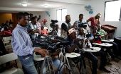 Journalists attend a news conference by opposition politicians in Port-au-Prince, Haiti Oct. 23, 2019. 