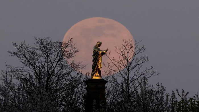 La grandeza de la "Superluna rosa" impresionó a los espectadores en Wolxheim, cerca de Estrasburgo, Francia.