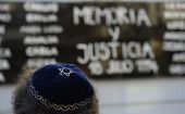 A Jewish man rallies in front of the headquarters of the AMIA (Argentine Israelite Mutual Association) in Buenos Aires.
