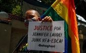Members of LGBTQ activist groups protest at the Department of Justice in Manila, Philippines against the early release of US Marine Joseph Scott Pemberton, convicted of killing Filipina transgender woman Jennifer Laude in 2014. September 03, 2020.